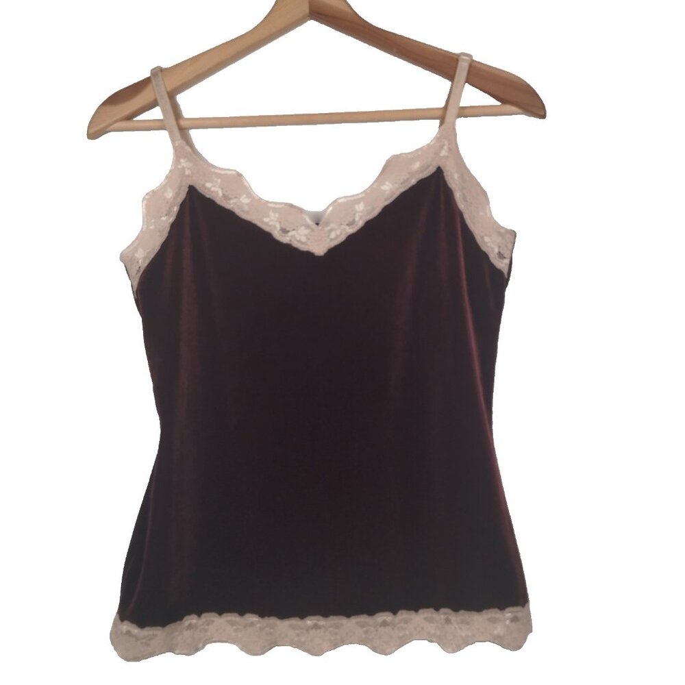 New York And Company Intimates Tank Top Maroon Tan Lace Trim Cami Y2K
